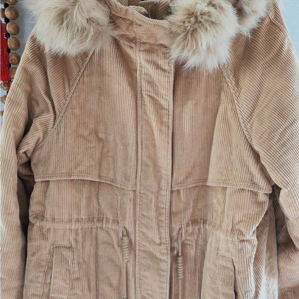 Women's Tan Corduroy Jacket with Fur Trim